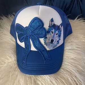 Blue and White Women’s Cap with Bow and Wolf Design